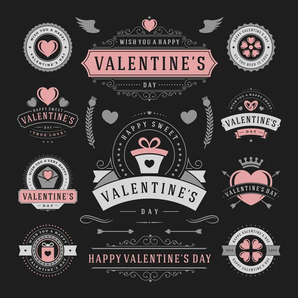 Set de etiquetas y tarjetas para el día de San Valentín, iconos del corazón Símbolos, tarjetas de felicitación, siluetas — Vector de stock
