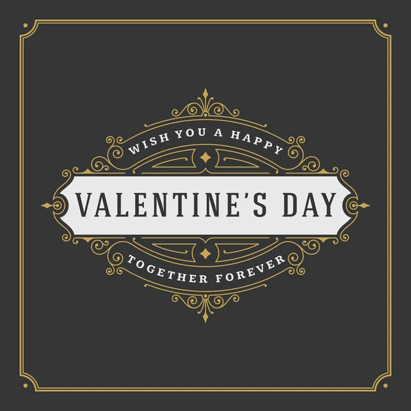 Valentines Day greeting Card or Poster and Heart vector illustration. Retro typographic design golden style on black background — 图库矢量图片