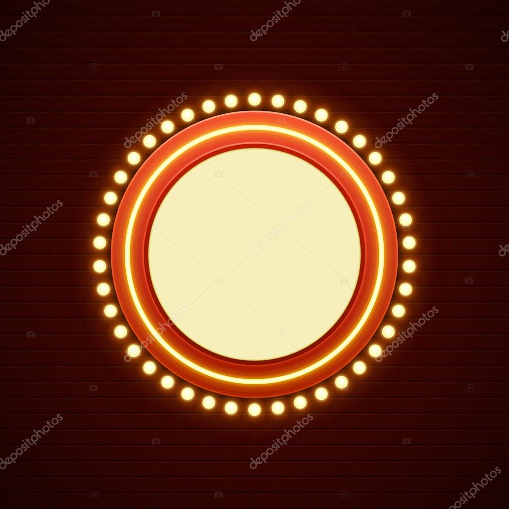 Retro Showtime Sign Design. Cinema Signage Light Bulbs Frame and Neon Lamps on brick wall background. American advertisement style vector illustration. 1950s Sign Design, Retro Signage, Sale