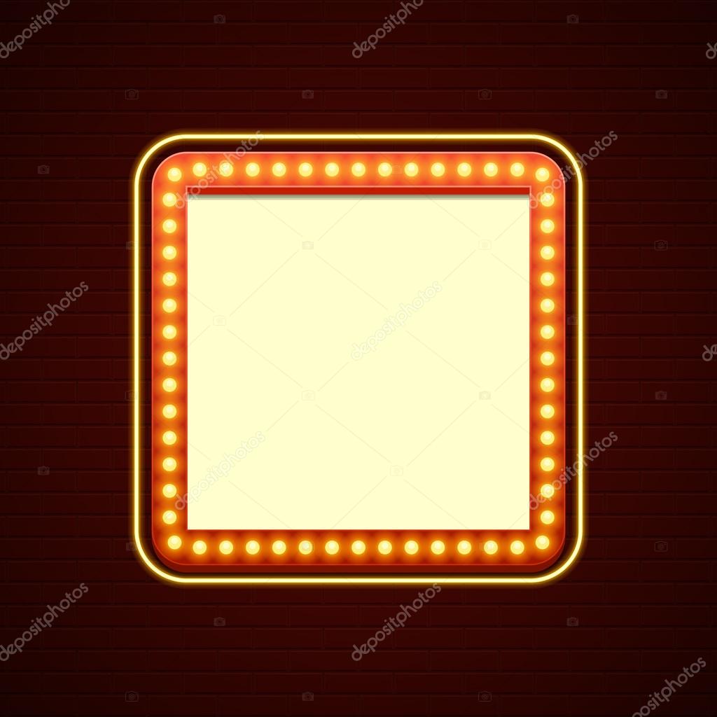 Retro Showtime Sign Design. Cinema Signage Light Bulbs Frame and Neon Lamps on brick wall background. American advertisement style vector illustration. 1950s Sign Design, Retro Signage, Sale