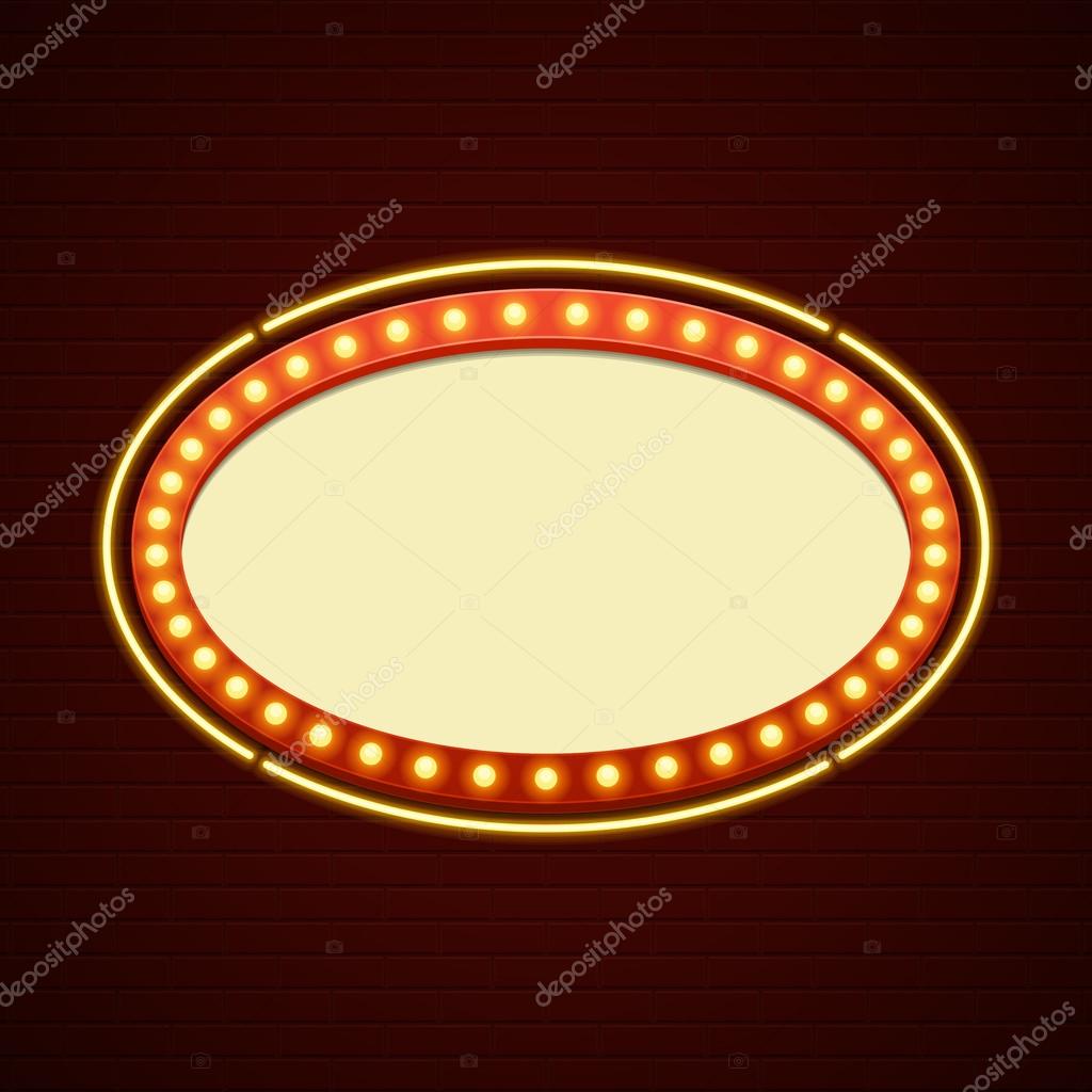 Retro Showtime Sign Design. Cinema Signage Light Bulbs Frame and Neon Lamps on brick wall background. American advertisement style vector illustration. 1950s Sign Design, Retro Signage, Sale