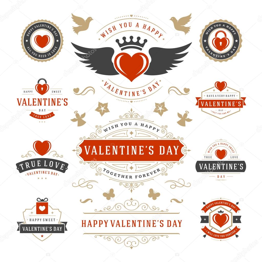 Valentines Day Labels and Cards Set, Heart Icons Symbols, Greetings Cards, Silhouettes, Retro Typography Vector Design Elements. Valentines day cards, Valentines Badges, Valentines Day Vector Labels