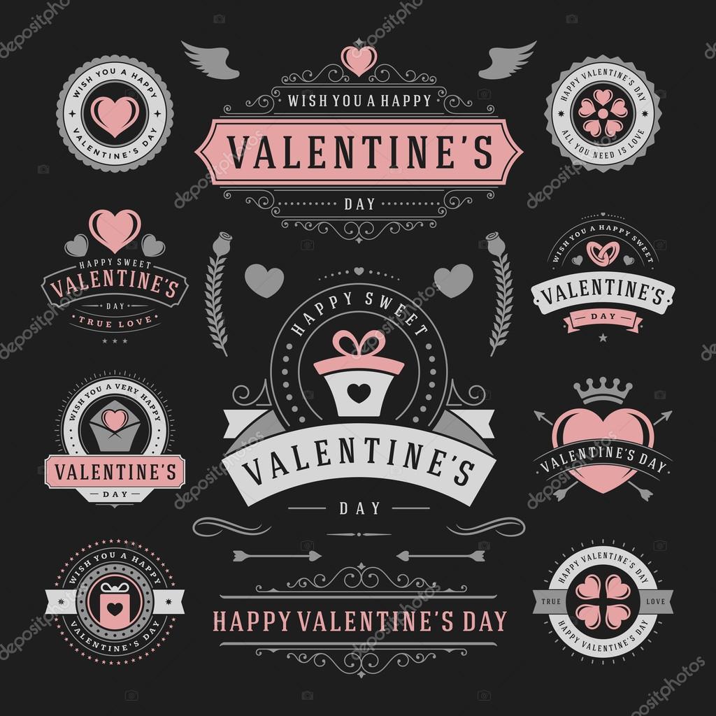 Valentines Day Labels and Cards Set, Heart Icons Symbols, Greetings Cards, Silhouettes, Retro Typography Vector Design Elements. Valentines day cards, Valentines Badges, Valentines Day Vector Labels