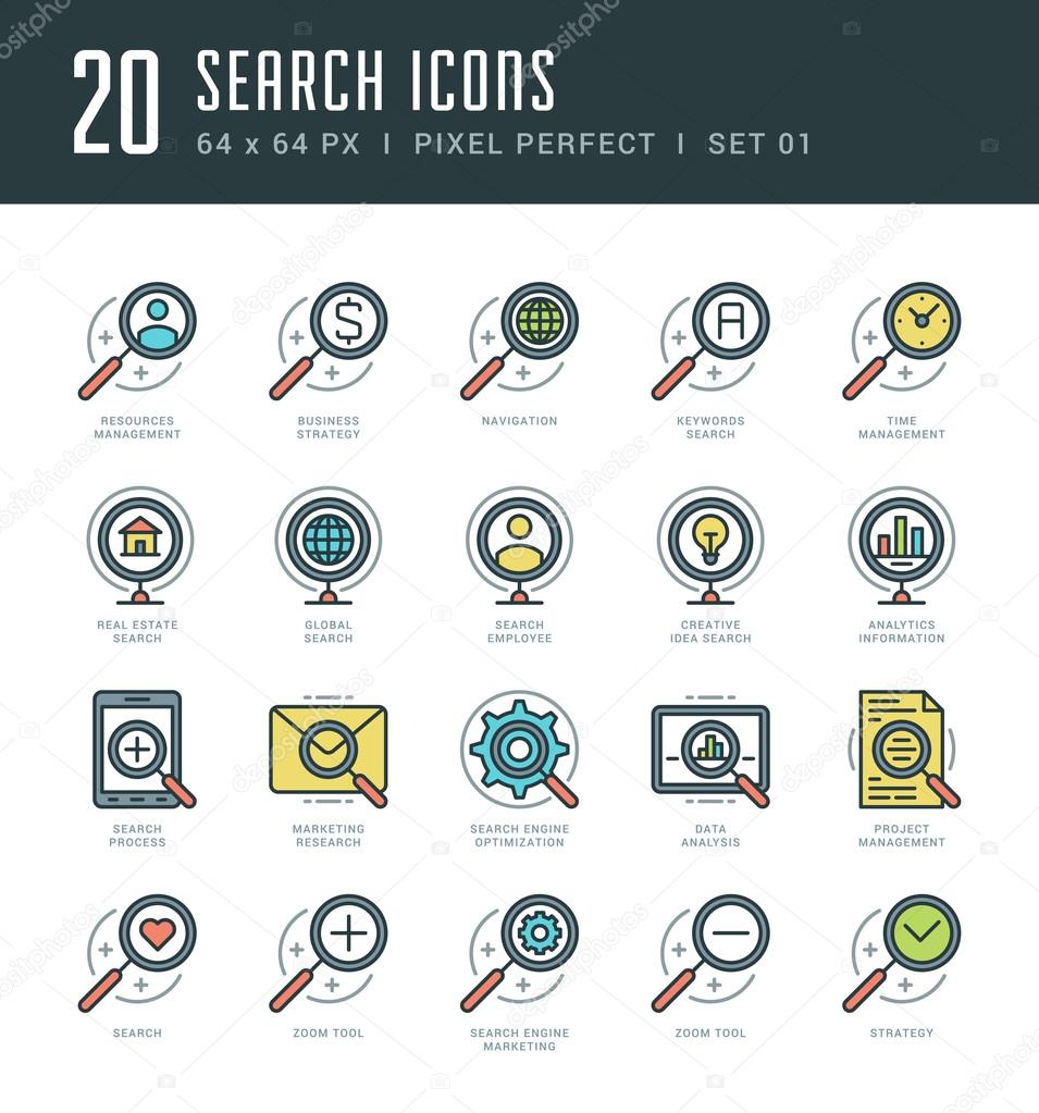 Flat line icons set. Trendy Modern thin linear stroke vector icons Search Engine concept