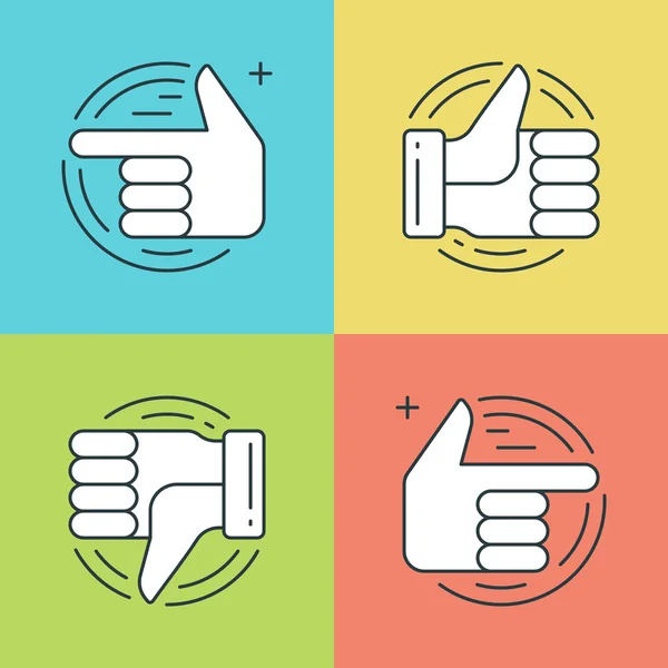 Flat line icons set. Thin linear stroke vector Hands, Thumbs up or like icon, Finger pointing social media symbols. — Stock vektor