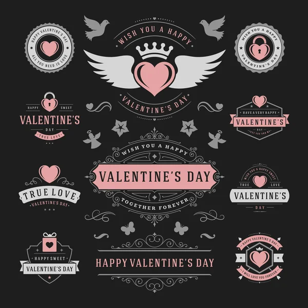 Set de etiquetas y tarjetas para el día de San Valentín, iconos del corazón Símbolos, tarjetas de felicitación, siluetas — Vector de stock