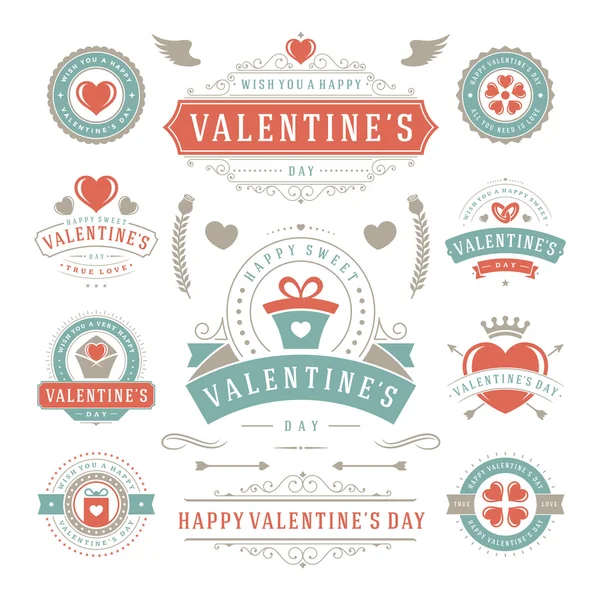 Set di etichette e biglietti di San Valentino, Simboli delle icone del cuore, Biglietti di auguri, Silhouette — Vettoriale Stock