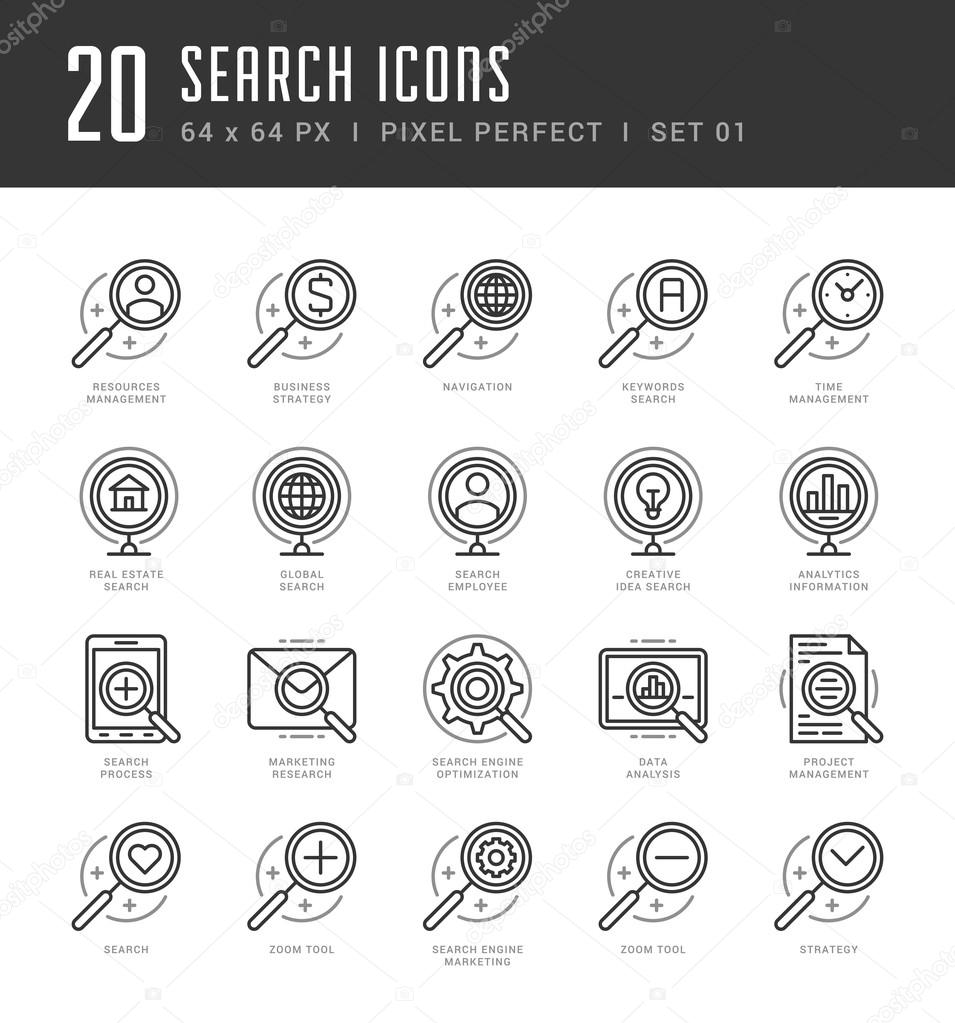 Flat line icons set. Trendy Modern thin linear stroke vector Search Engine concept
