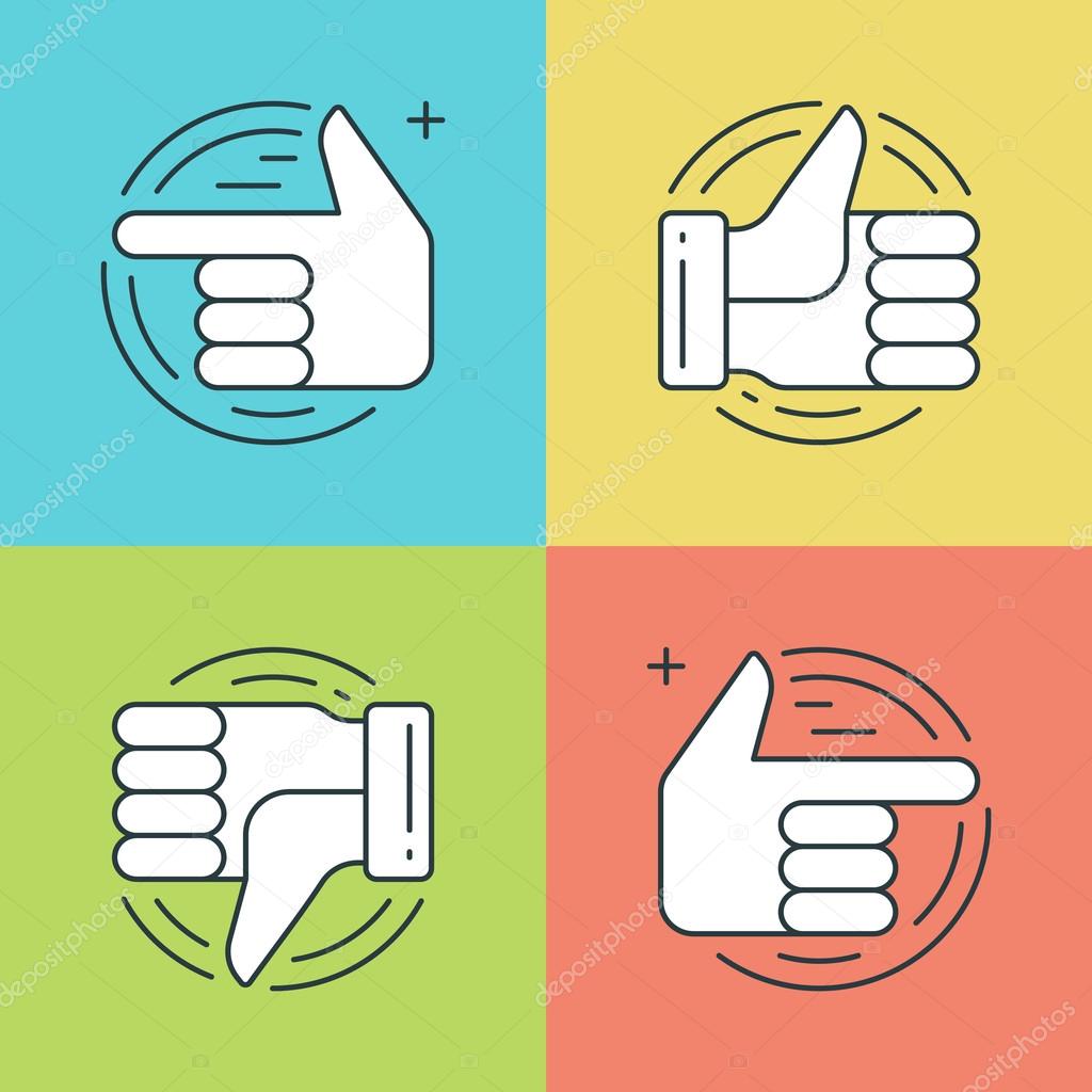 Flat line icons set. Thin linear stroke vector Hands, Thumbs up or like icon, Finger pointing social media symbols.