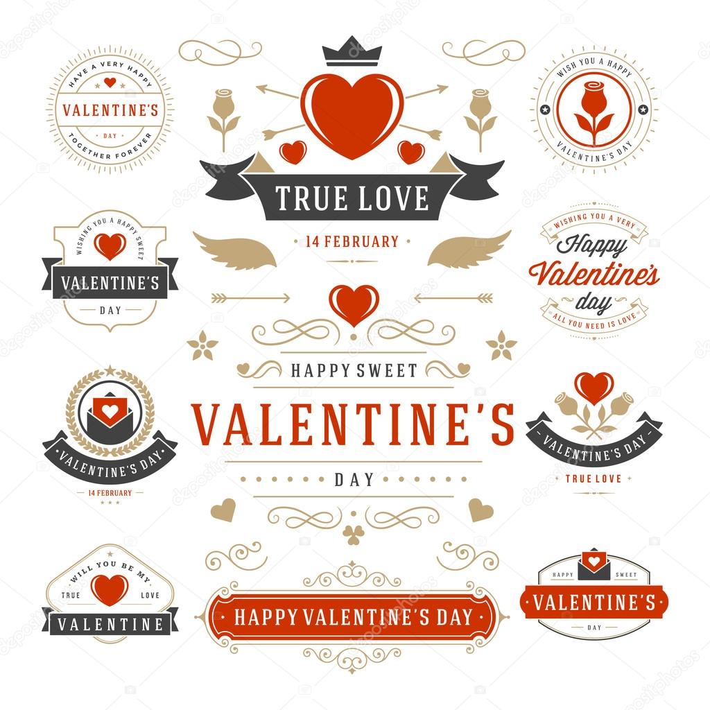 Valentines Day Labels and Cards Set, Heart Icons Symbols, Greetings Cards, Silhouettes, Retro Typography Vector Design Elements. Valentines day cards, Valentines Badges, Valentines Day Vector Labels
