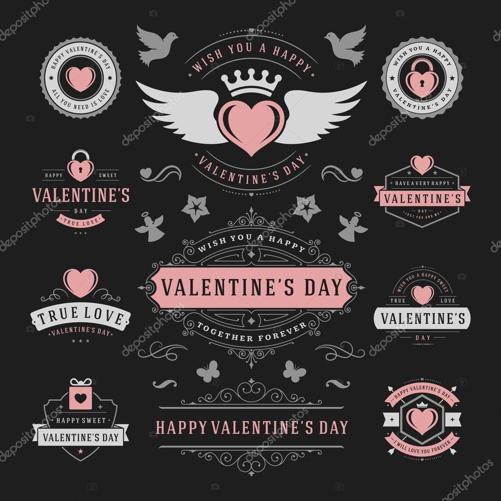 Valentines Day Labels and Cards Set, Heart Icons Symbols, Greetings Cards, Silhouettes, Retro Typography Vector Design Elements. Valentines day cards, Valentines Badges, Valentines Day Vector Labels