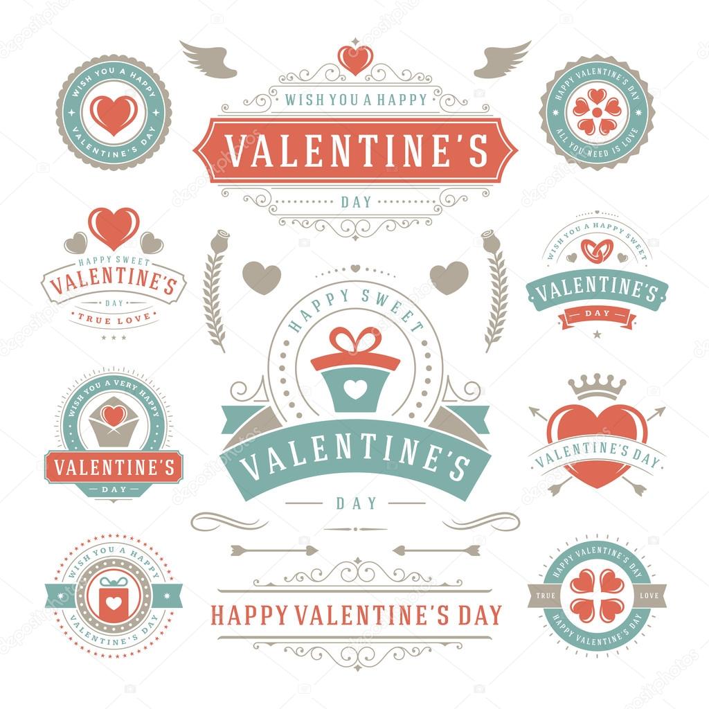 Valentines Day Labels and Cards Set, Heart Icons Symbols, Greetings Cards, Silhouettes, Retro Typography Vector Design Elements. Valentines day cards, Valentines Badges, Valentines Day Vector Labels
