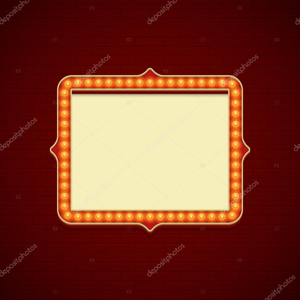 Retro Showtime Sign Design. Cinema Signage Light Bulbs Frame and Neon Lamps on brick wall background. American advertisement style vector illustration. 1950s Sign Design, Retro Signage, Sale