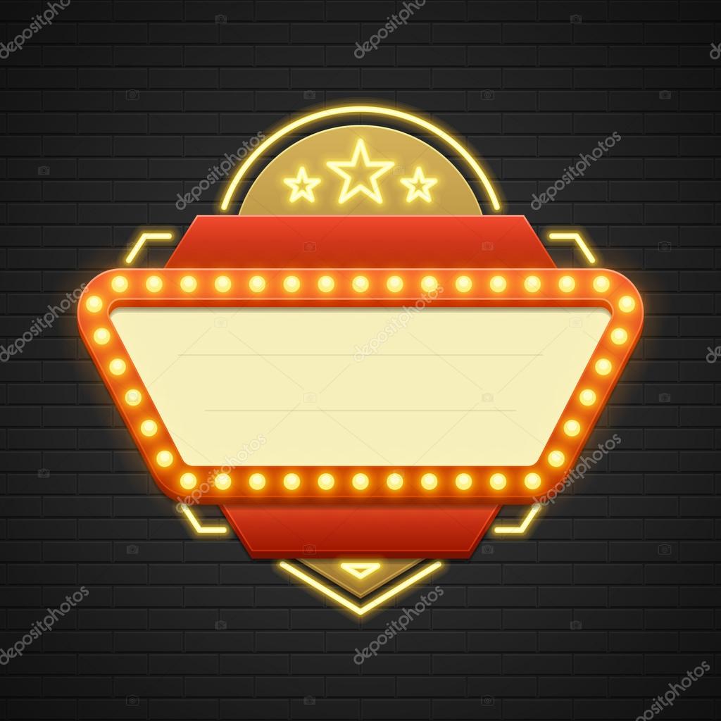 Retro Showtime Sign Design. Cinema Signage Light Bulbs Frame and Neon Lamps on brick wall background. American advertisement style vector illustration. 1950s Sign Design, Retro Signage, Sale