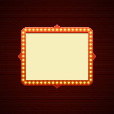 Retro Showtime işareti tasarım. Sinema tabela ampulleri çerçeve ve tuğla duvar zemin üzerine Neon lambalar