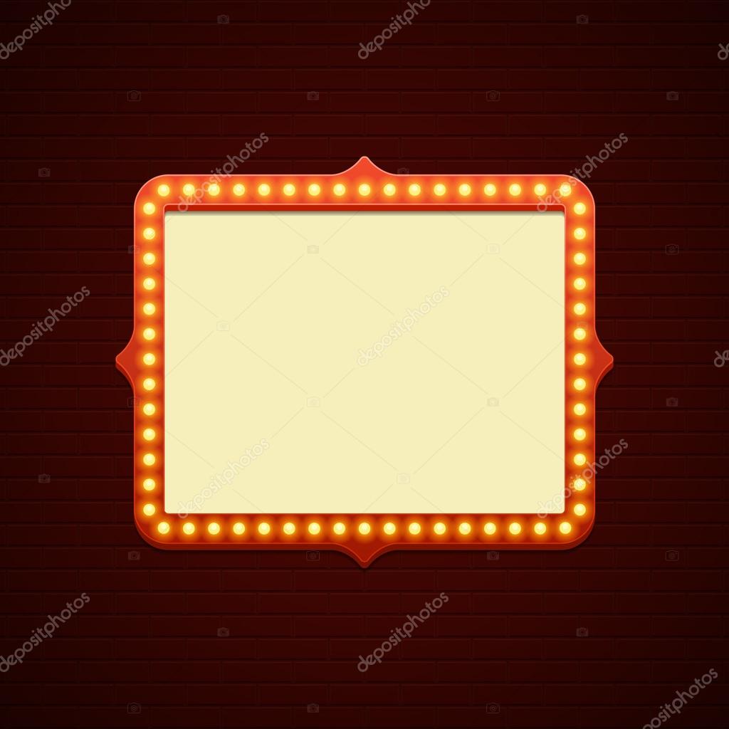 Retro Showtime Sign Design. Cinema Signage Light Bulbs Frame and Neon Lamps on brick wall background. American advertisement style vector illustration. 1950s Sign Design, Retro Signage, Sale