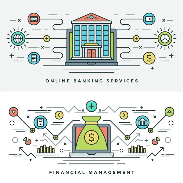 Línea plana Concepto Bancario y de Gestión Financiera Ilustración vectorial — Vector de stock