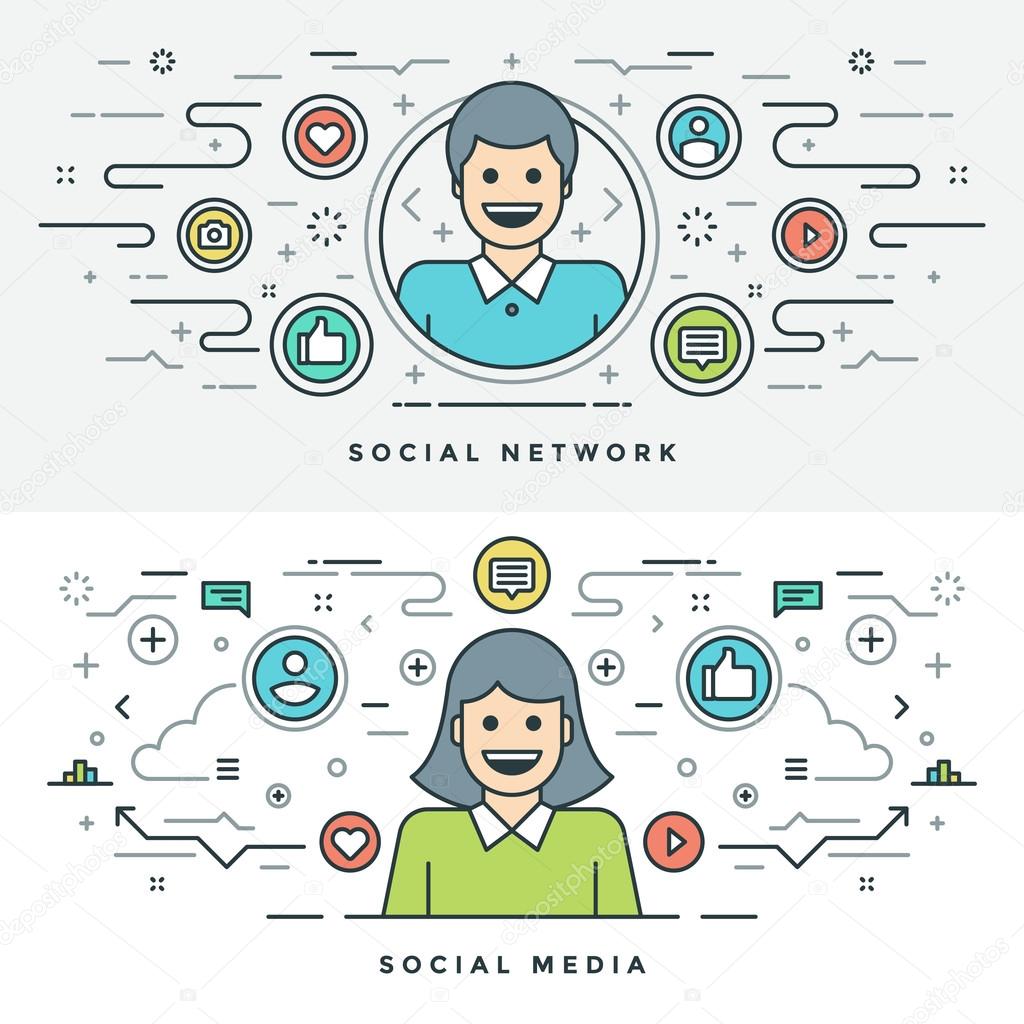 Flat line Social Media and Network Concept Vector illustration