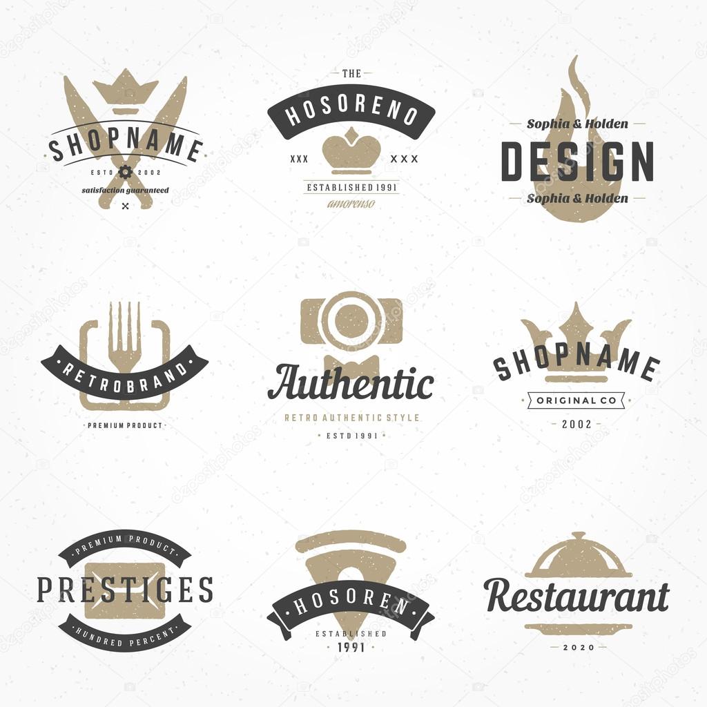Retro Hand Drawn Logos Vector Templates Set. Hand Drawing Logos, Hand Drawn Icons, Hand Drawn Symbols, Logo Elements, Logo Vector, Retro Logos. Lion Logo, Restaurant Logo, Tray Logo. Photography Logo
