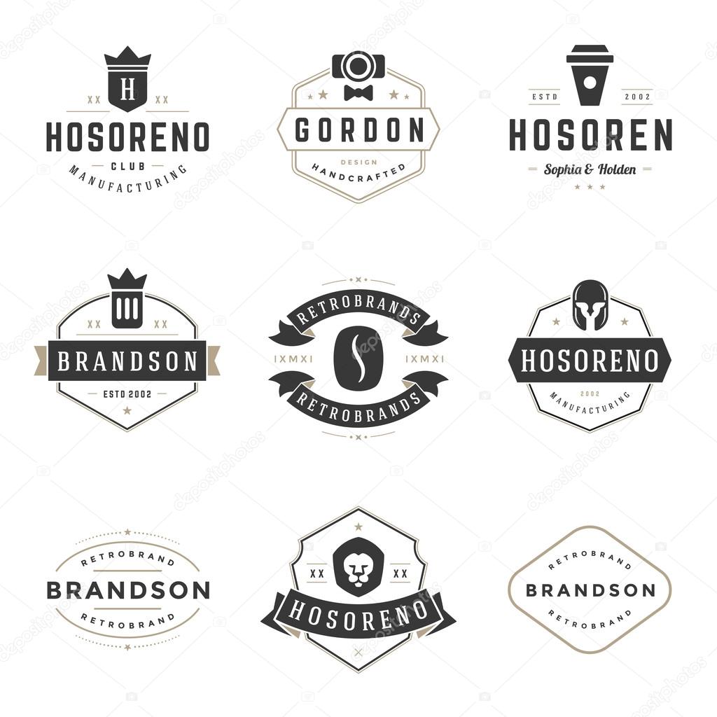 Vintage Logos Design Templates Set. Vector design elements, Logo Elements, Logo symbols, Logo Icons, Logo Vector, Symbols Design, Retro Logos. Beer Logo, Coffee Logo, Ornament Logo, Crown Logo