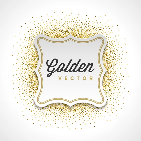 Guld Glitter glittrar ljust konfetti vitboken etikett ram vektor bakgrund — Stock vektor