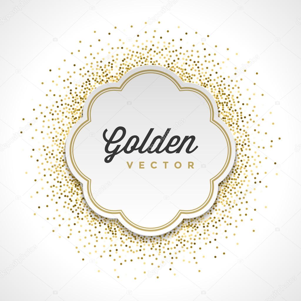 Gold Glitter Sparkles Bright Confetti White Paper Label Frame Vector Background. Good for Greeting Gold Cards, Luxury Invitation, Advertising, Voucher, Certificate, Banners, Golden Texture