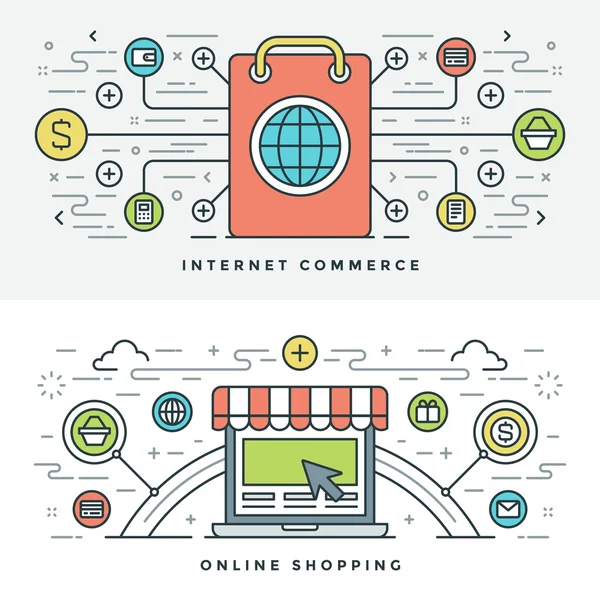 Línea plana de comercio por Internet y compras en línea. Ilustración vectorial . — Vector de stock