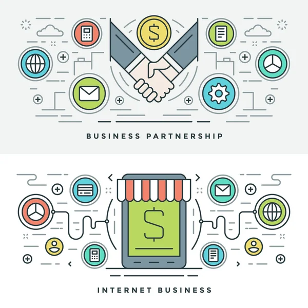 Línea plana Business Partnership e Internet. Ilustración vectorial . — Archivo Imágenes Vectoriales