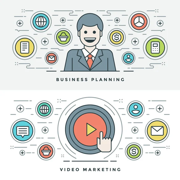 Flat line Business Planning and Video Marketing. Vector illustration. — ストックベクタ