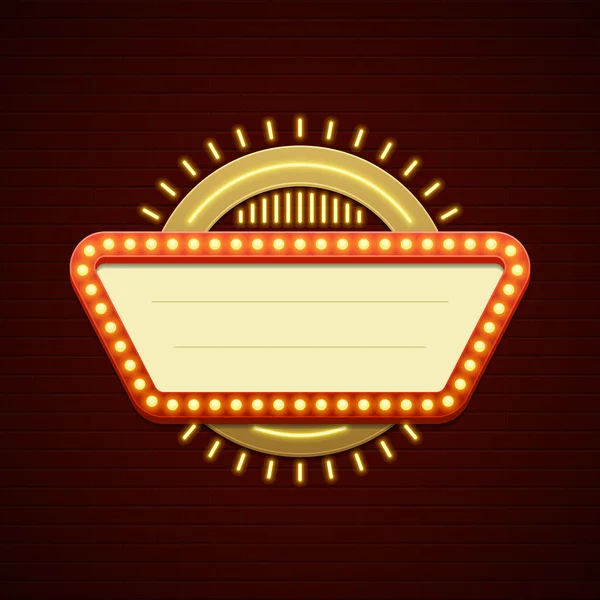 Retro Showtime Sign Design. Cinema Señalización Bombillas Marco y lámparas de neón sobre fondo de pared de ladrillo . — Vector de stock