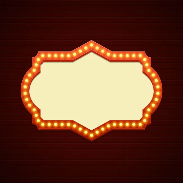Rétro Showtime Design signe. Panneau de cinéma Ampoules Cadre et lampes au néon sur fond de mur de briques . — Image vectorielle