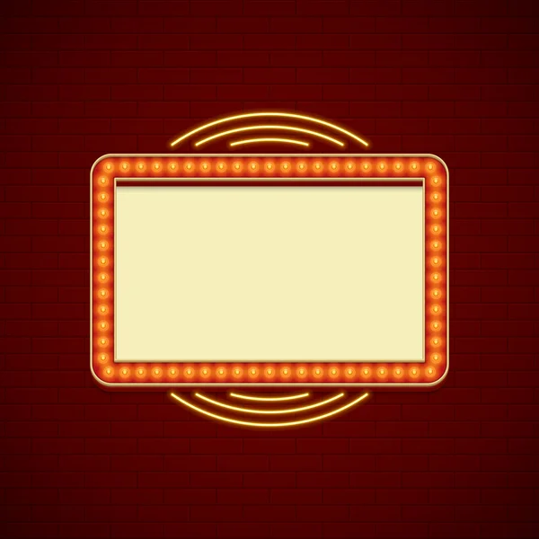 复古 Showtime 标志设计。电影院标牌灯泡框架和砖的背景墙上的霓虹灯. — 图库矢量图片
