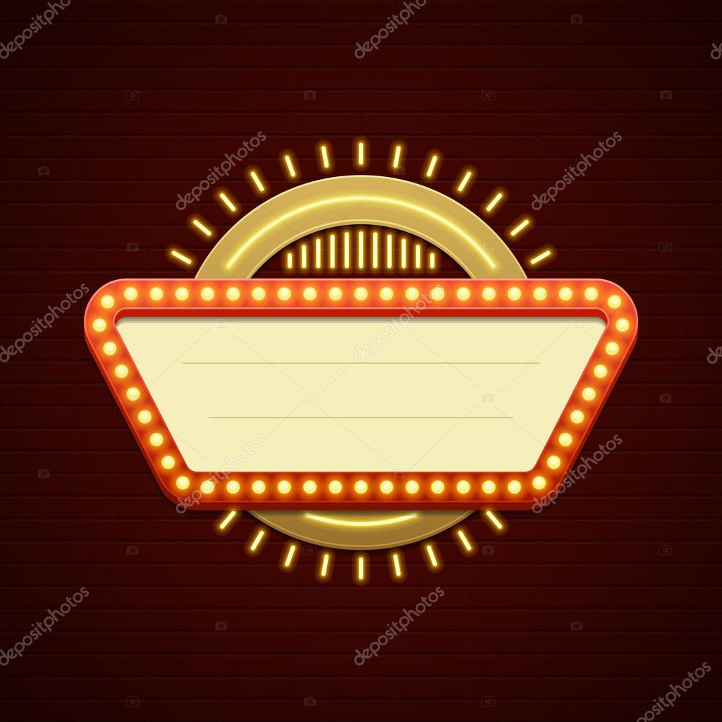 Retro Showtime Sign Design. Cinema Signage Light Bulbs Frame and Neon Lamps on brick wall background. American advertisement style vector illustration. 1950s Sign Design, Retro Signage, Sale