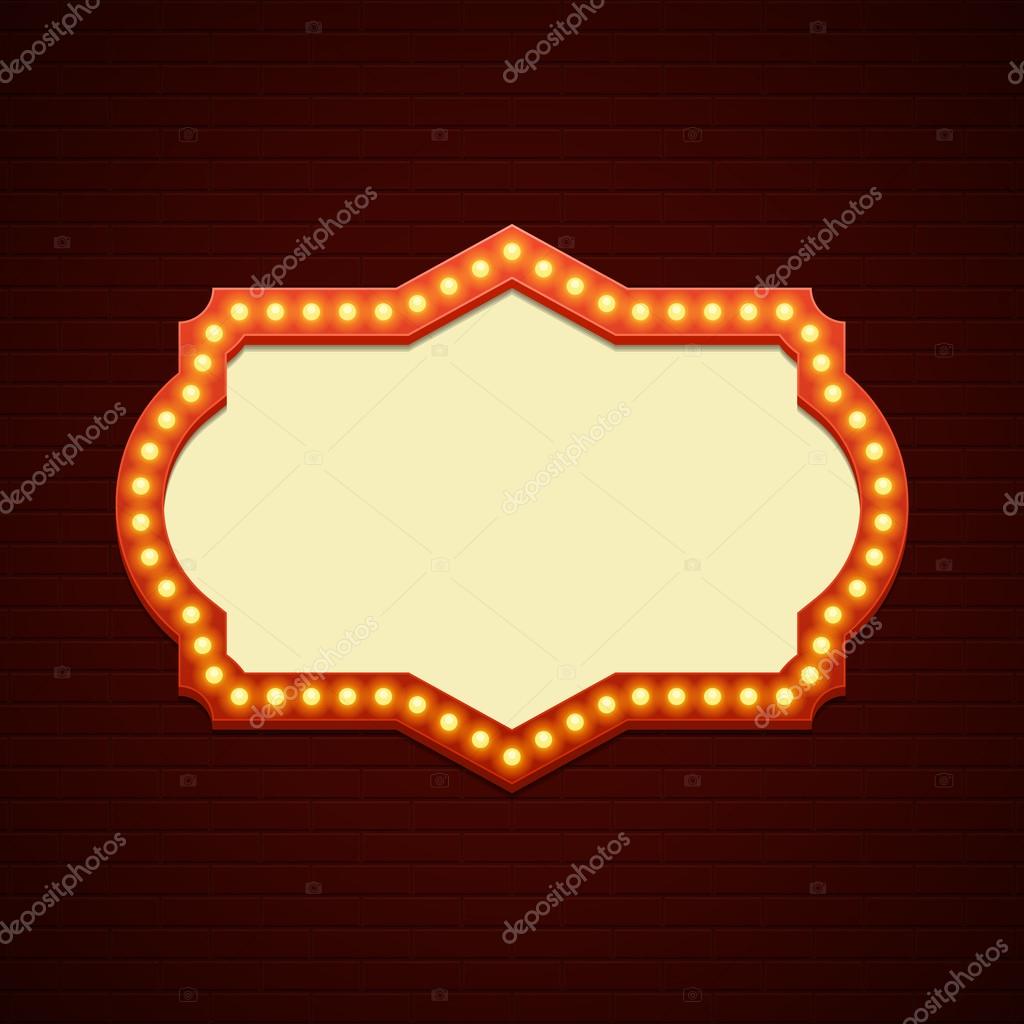 Retro Showtime Sign Design. Cinema Signage Light Bulbs Frame and Neon Lamps on brick wall background. American advertisement style vector illustration. 1950s Sign Design, Retro Signage, Sale