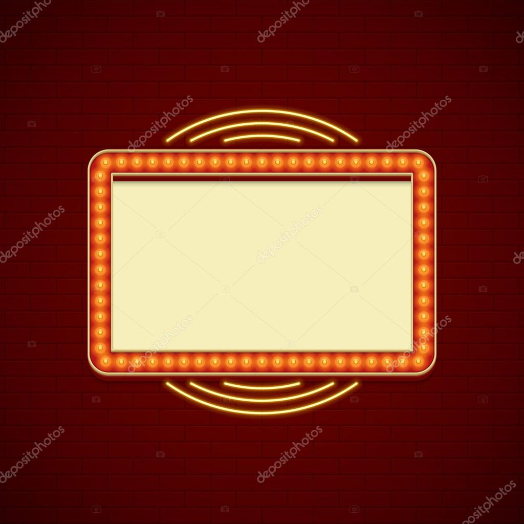 Retro Showtime Sign Design. Cinema Signage Light Bulbs Frame and Neon Lamps on brick wall background. American advertisement style vector illustration. 1950s Sign Design, Retro Signage, Sale