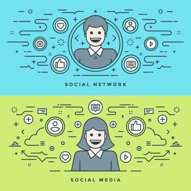 Sosyal medya ve ağ kavramı vektör çizim düz çizgi. Modern ince lineer kontur vektör simgeler. Web sitesi