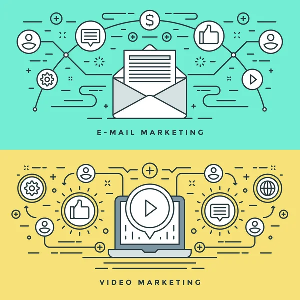 Linea piatta E-mail e Video Marketing Concetto Illustrazione vettoriale. Icone vettoriali lineari sottili moderne . — Vettoriale Stock