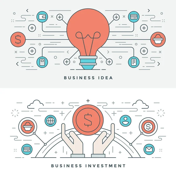 Linea piatta Business Idea e investimenti. Illustrazione vettoriale. Icone vettoriali lineari sottili moderne . — Vettoriale Stock