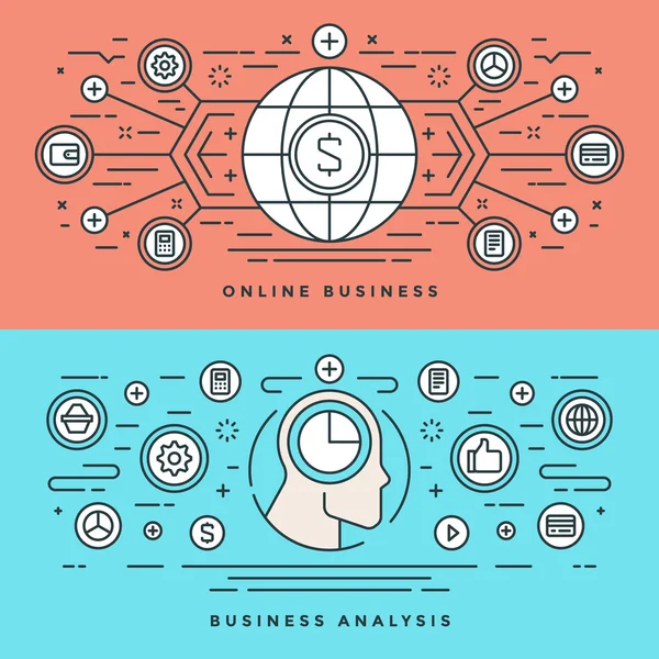 Flat line Online Business Analysis Concept Vector illustration. Modern thin linear stroke vector icons. — Stock Vector