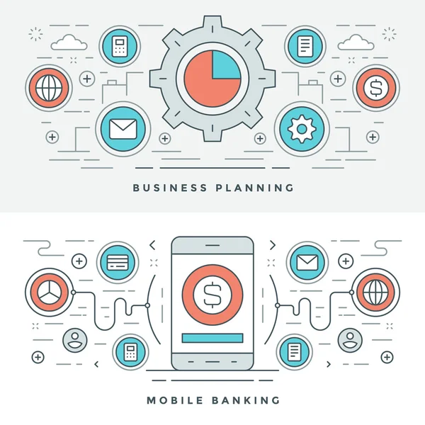 Línea plana de Planificación de Negocios y Banca. Ilustración vectorial. Iconos de vector de carrera lineal delgada moderna . — Vector de stock