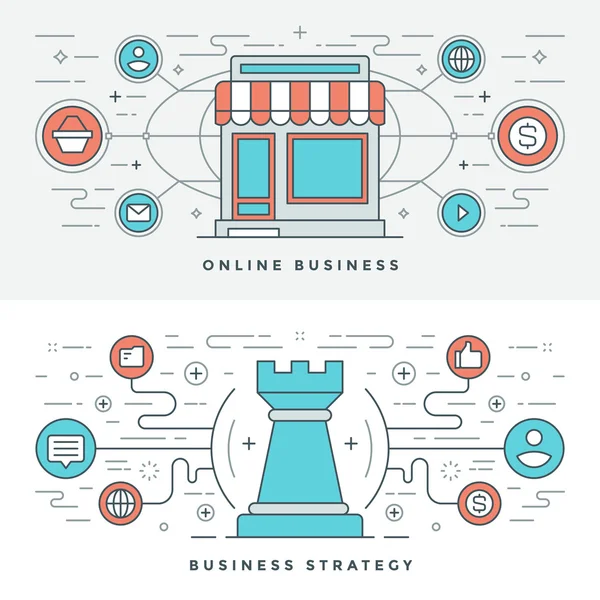 Flat line Online Business and Strategy. Vector illustration. Modern thin linear stroke vector icons. — Διανυσματικό Αρχείο