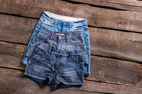 Pairs of different denim shorts. — Stock Photo, Image