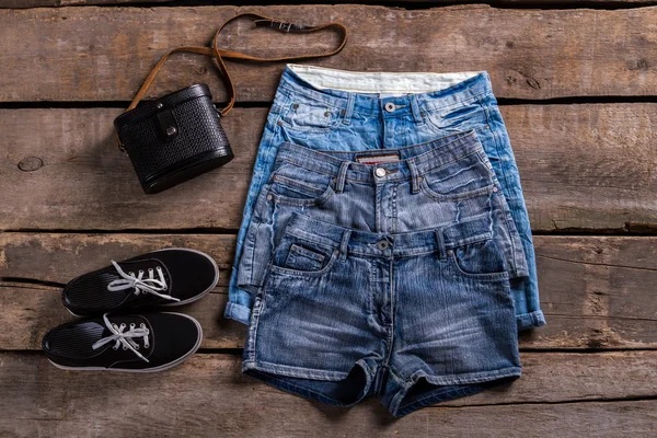 Ladys different denim shorts. — Stock Photo, Image