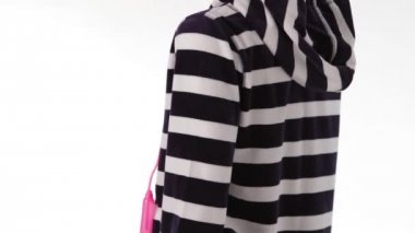 Mannequin in striped hoodie turning.