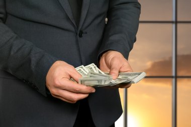 Erkek eller Amerikan dolarlarını sayıyor.
