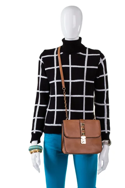 Checkered sweatshirt and leather purse. — Stock Photo, Image