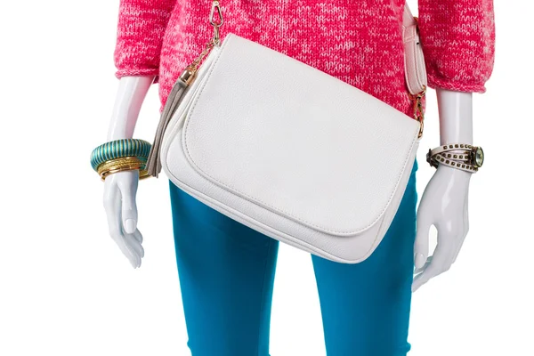 Fehér táska és rózsaszín pulóver. — Stock Fotó