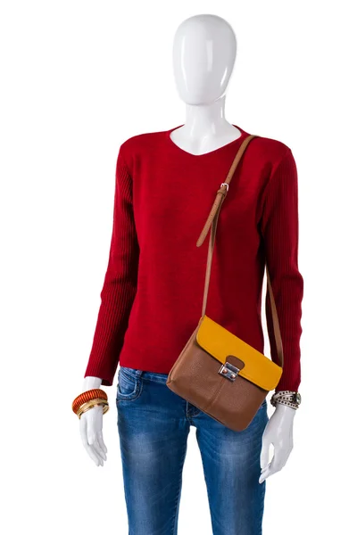 Red pullover with bicolor bag. — Stock Photo, Image