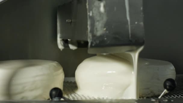 Witte cake bewegen op transportband. — Stockvideo