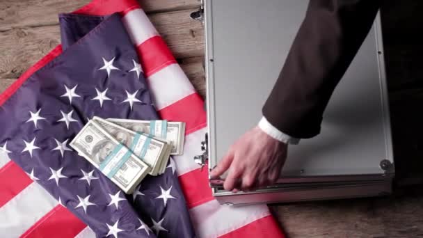 Amerikanska flaggan, resväska och dollar. — Stockvideo